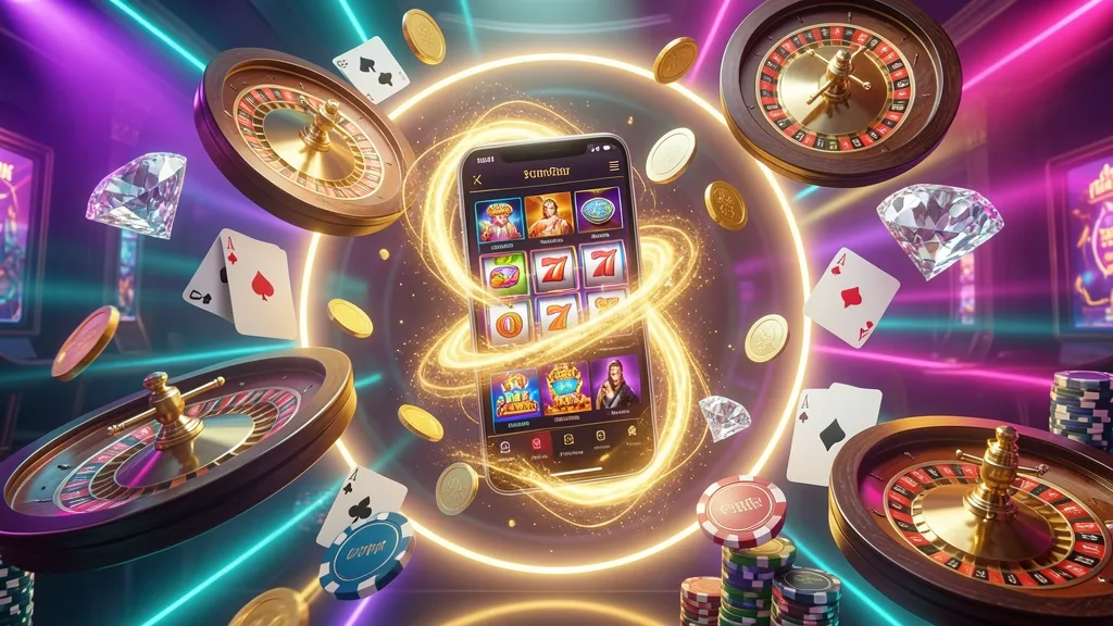 Smartphone floating inside a glowing portal surrounded by casino elements