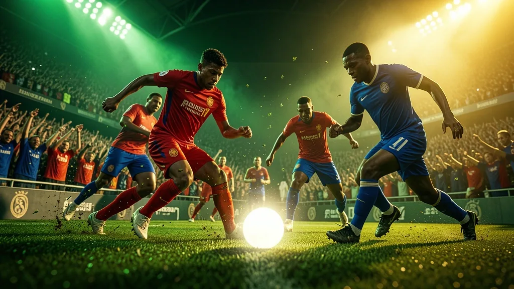 Football players in red and blue uniforms competing during a match