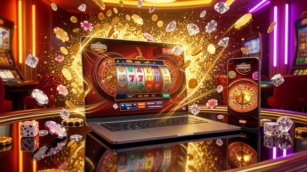 Laptop and smartphone showing slot games surrounded by golden coins
