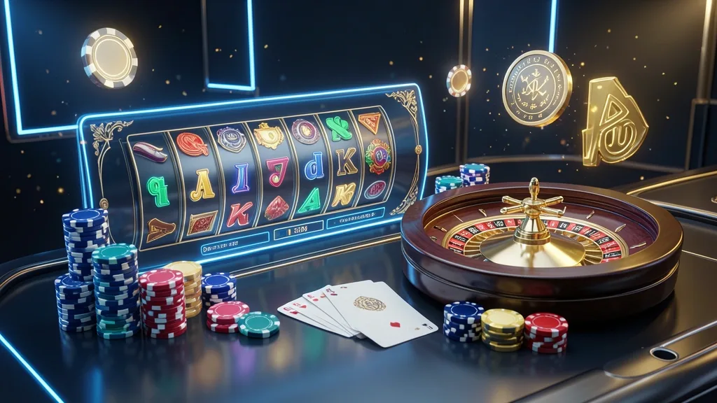 Digital casino games including slot reels, roulette, cards, and chips