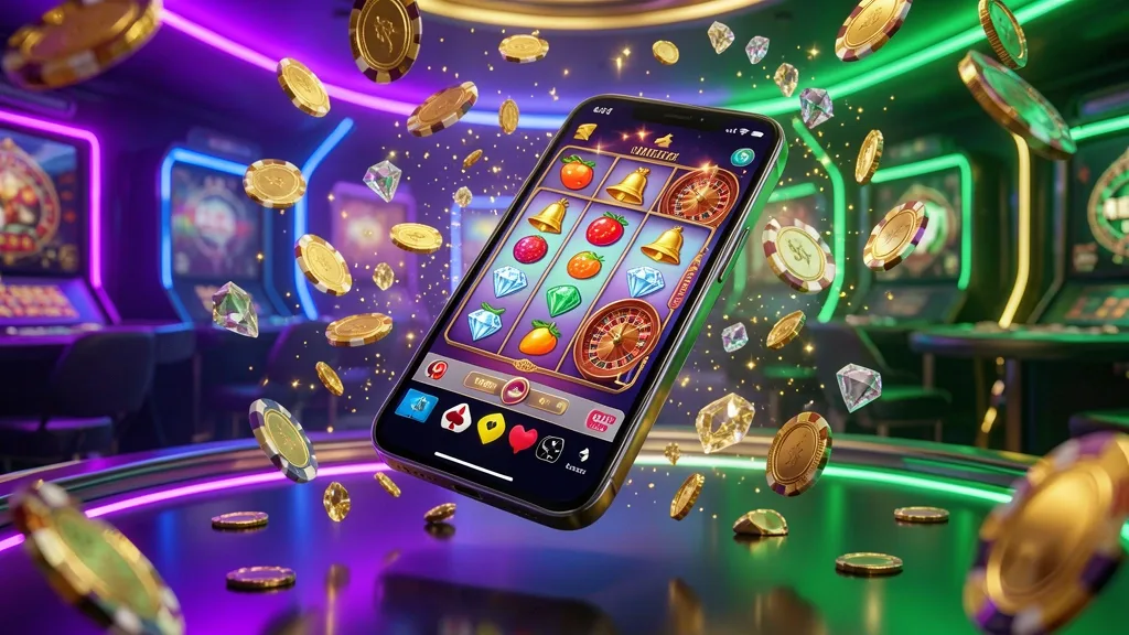 Floating smartphone displaying a colorful casino app amid coins and chips