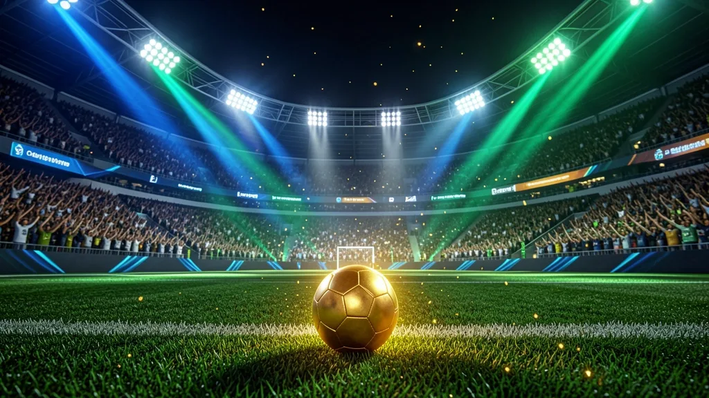 Glowing football on stadium grass beneath blue and green floodlights