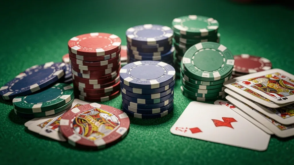 Casino chips and playing cards arranged on green felt