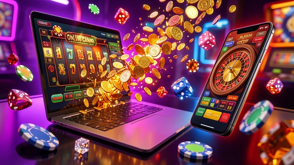 Tilted laptop and smartphone displaying casino games amid flying coins