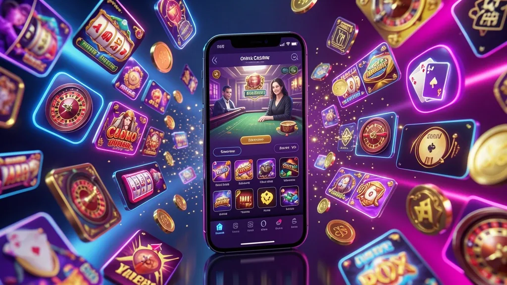 Smartphone displaying mobile casino games surrounded by floating game tiles and coins