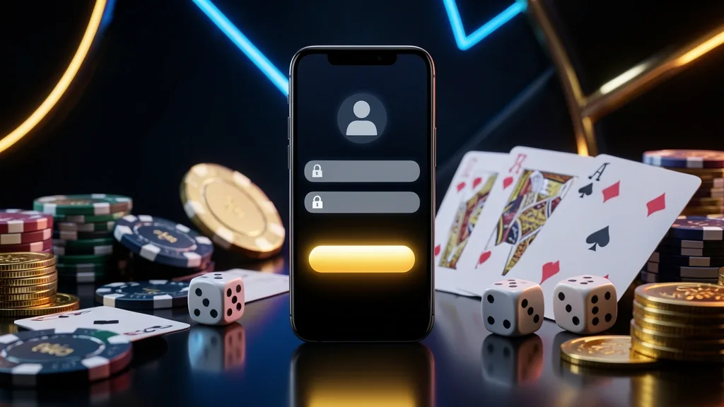 Smartphone displaying a casino sign-in interface beside chips, cards, dice, and coins