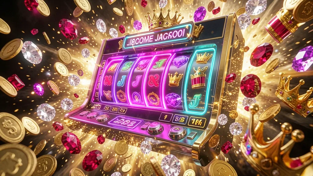 Futuristic slot machine surrounded by coins, diamonds, gems, and neon lights