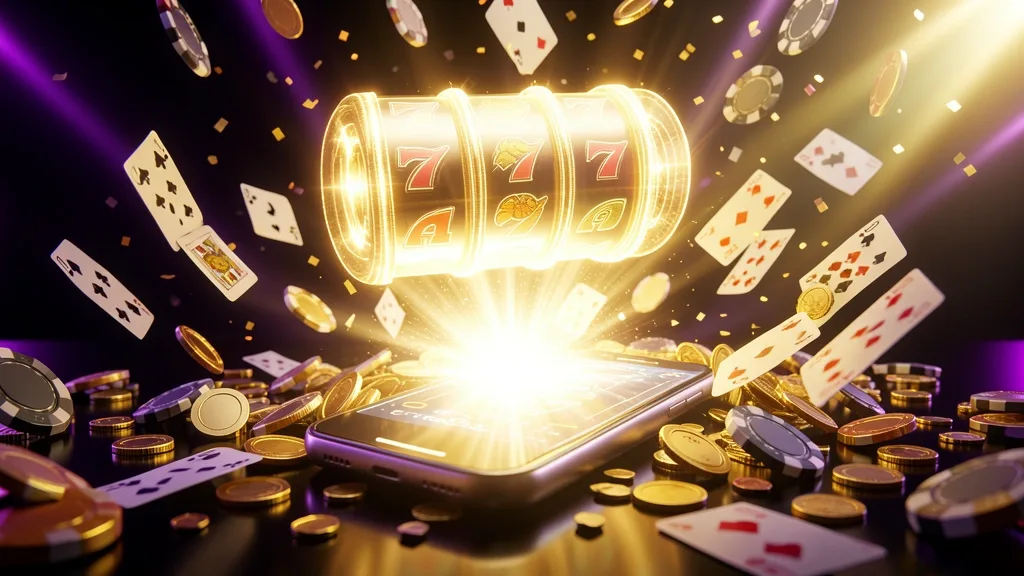 Glowing smartphone surrounded by coins, cards, chips, and jackpot light