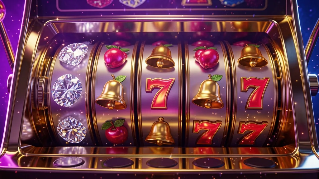 Golden slot machine reels showing matching diamonds, bells, fruit, and sevens